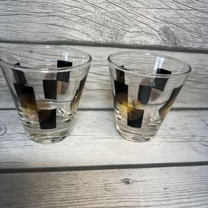 2 VINTAGE MCM  BLACK & GOLD ATOMIC STARBURST Shot GLASSES